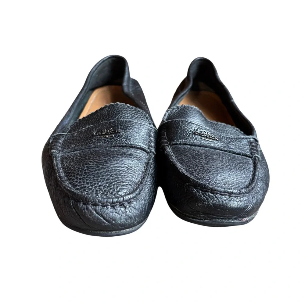 Coach Black Pebbled Leather Driver Loafers Moccassin Flats Gunmetal Logo Womens